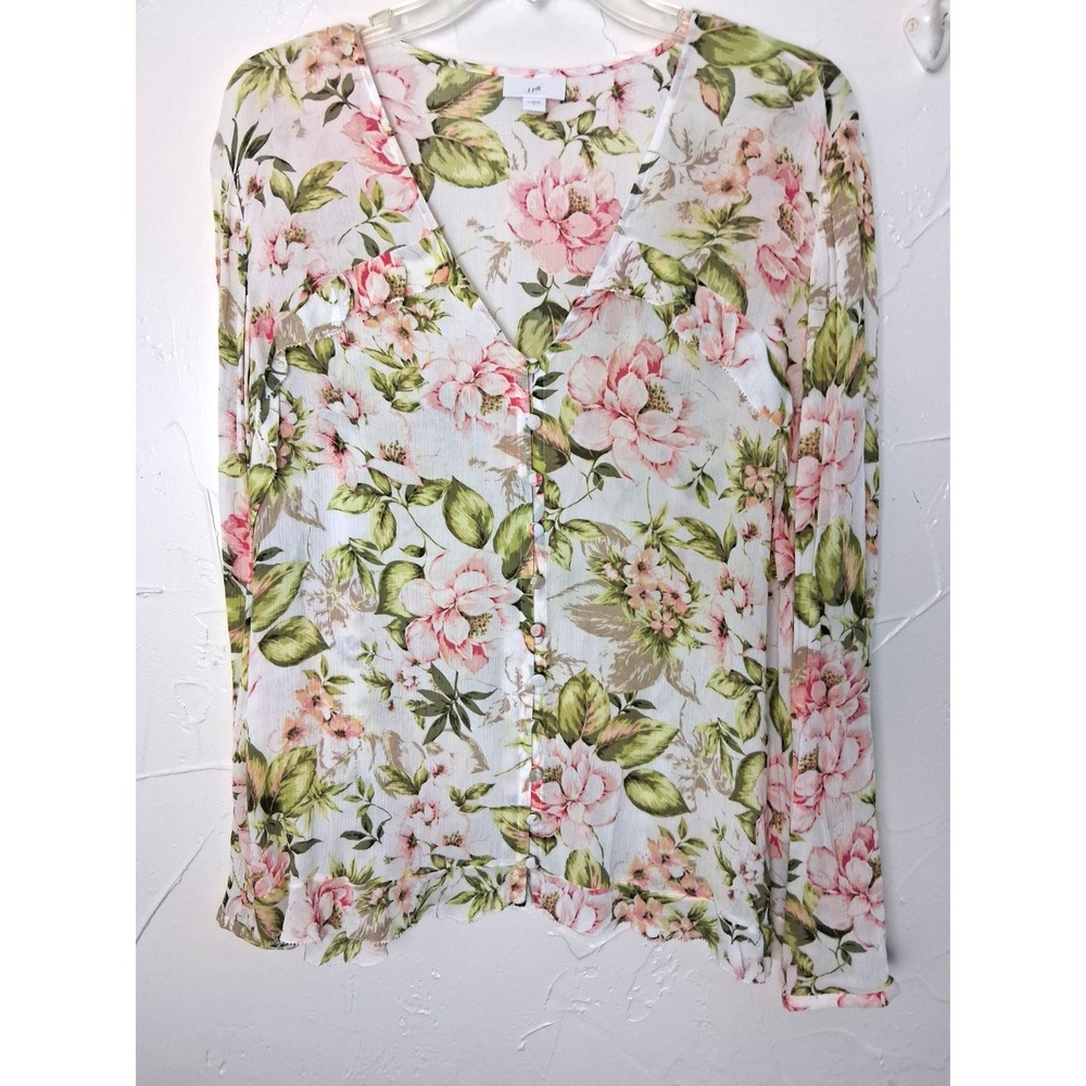 J Jill Chiffon Floral Print Ruffle Trim Button Front Top Large‎ Romantic
